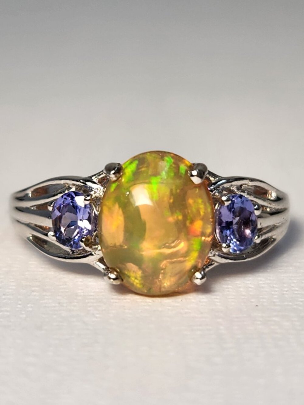 Natural (Blue) Kutamani Tanzanite Ethiopian Opal White Gold 925 Ring Sz 7